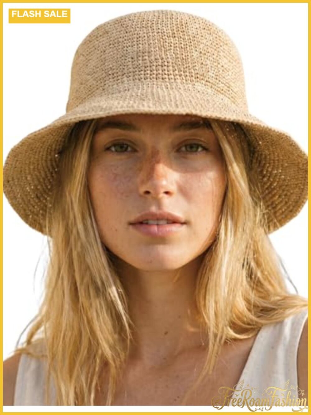 Raffia Straw Bucket Hat Handwoven Foldable UPF 50+ Adjustable Sun Hat